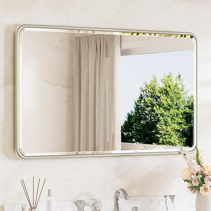 Brushed Nickel Vanity Mirror for Bathroom 40 x 24 Beveled Edge Tempered Glass, Rounded Corner Rectangle Wall Mirror for Modern Bathroom, Living Room, Bedroom, Entryway