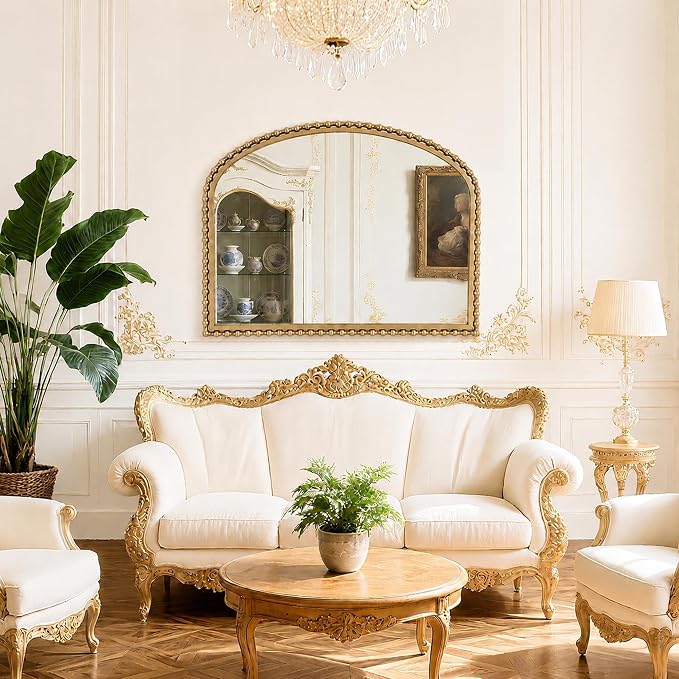 36"x28" Wide Arched Wall Mirror, Antique Gold Bold Beaded Frame | Large statement mirror for fireplace mantel, vintage decorative horizontal wall mount for entryway, living room, bathroom