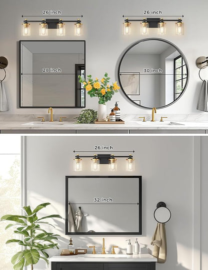 Bathroom Light Fixture, Bathroom Vanity Light Over Mirror, 4-Lights | Vanity Lights for Bathroom, Modern Lighting Fixtures with Clear Glass Shade, Black and Gold Vanity Lights, ETL Listed