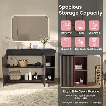 48" Bathroom Vanity with Sink, Freestanding Single Sink Bathroom Vanity with Black Engineered Stone Top & Open Side Storage, Soft-Closing Doors with Adjustable Shelf, Smoked Oak Brown