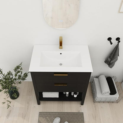 30'' Freestanding Bathroom Vanity, 30 Inch Floor Stand Bathroom Vanity with Sink, Single Ceramic Sink Cabinet Set, Modern Storage Cabinet, with Soft Closing Drawers, Storage Shelf, 01030BCTG