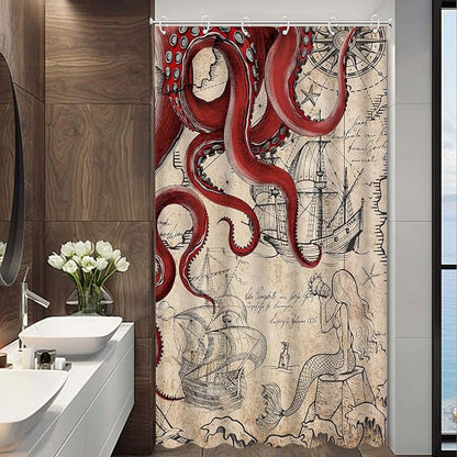Fungarth Stall Vintage Red Nautical Octopus Shower Curtain Mermaid Funny Ocean Kraken Shower Curtains for Bathroom Cool Anchor Coastal Map Waterproof Fabric Bath Curtain Decor (Retro1, 36” x 72”)