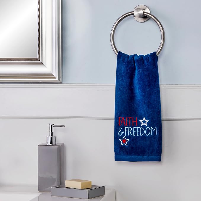 SKL Home Faith & Freedom Hand Towel Set-2pc, 100% Cotton, Embroidered, Navy | Fun for Memorial Day, 4th of July, Labor Day & all patriotic holidays. For use in the bathroom, kitchen or bar.