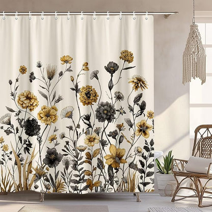 Vintage Boho Beige Floral Shower Curtain, Black Gold Rustic Farmhouse Flower Shower Curtain Set, Cute Botanical Wlidflowers Fabric Shower Curtains Decoration, 72X72 Aesthetic Bathroom Accessories