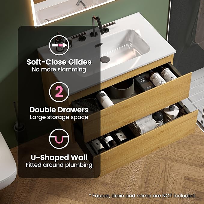 30" Bathroom Vanity with Sink, Modern Floating Vanity with Double Soft Closing Drawers, Large Storage for Small Space, Natural Oak, Fully Assembled - Iris Collection