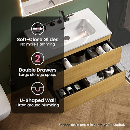 30" Bathroom Vanity with Sink, Modern Floating Vanity with Double Soft Closing Drawers, Large Storage for Small Space, Natural Oak, Fully Assembled - Iris Collection