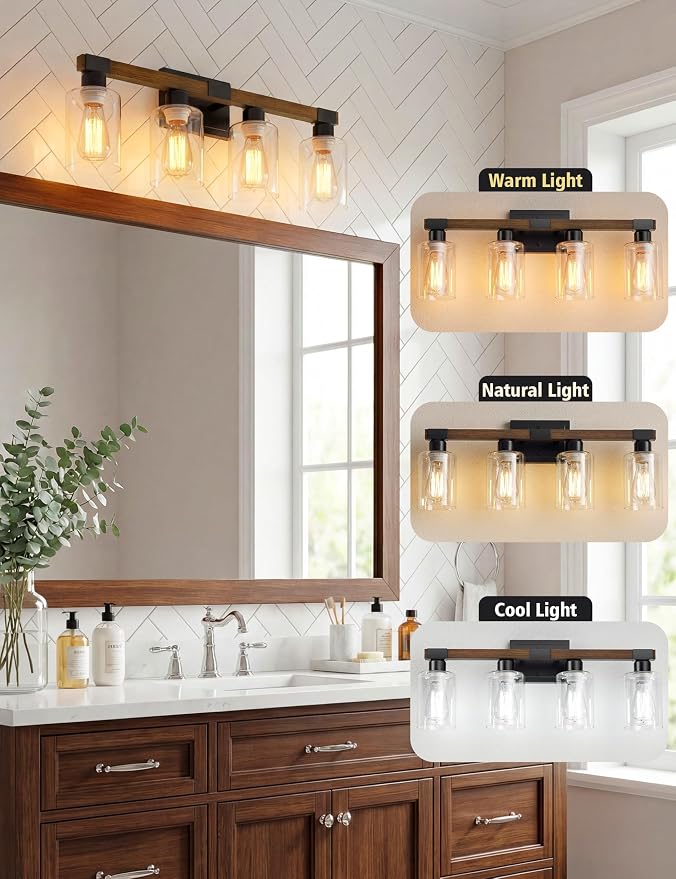 VOLISUN Farmhouse Bathroom Vanity Light Fixtures,4 Light,UL Certificated | 4 Light Bathroom Vanity Lights Over Mirror, Rustic Vanity Light for Bathrooms,Wood Bathrooms Lights Fixtures Over Mirror