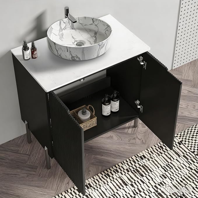 30" Mid-Century Modern Black Bathroom Vanity with Sink, Bathroom Storage Cabinet with Carrara Marble Finish Sink, Soft-Closing Doors, Drain Assembly and Pipe NOT Included