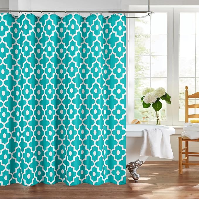 Fabric Modern Moroccan Shower Curtains for Bathroom-Turquoise and White | 72"W x 72"L Textured Faux Linen Elegant Classic Bath Decor-Hotel Quality Transitional Geometric Washable & Breathable Cloth