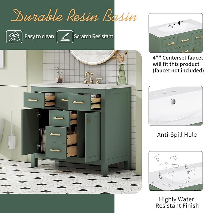 36 Inch Green Bathroon Vanity with Sink,Modern Bathroom Sink Cabinet 36" with 4 Drawers & 2 Cabinets,Integrated Countertop,Gold Handles,Soft Closing,Solid Wood Frame