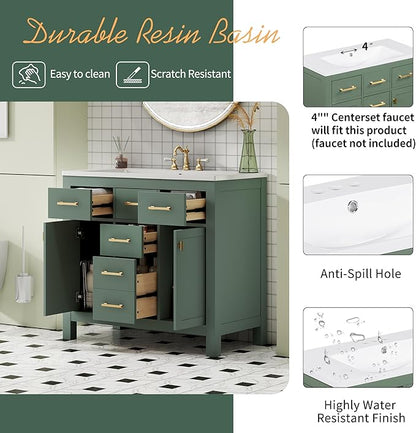 36 Inch Green Bathroon Vanity with Sink,Modern Bathroom Sink Cabinet 36" with 4 Drawers & 2 Cabinets,Integrated Countertop,Gold Handles,Soft Closing,Solid Wood Frame