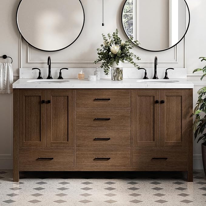 ARIEL Cambridge 66-inch Bathroom Vanity with Sink,Solid Wood, 1.5-inch Carrara White Quartz Countertop & Backsplash, Double Oval Porcelain Sink, 4 Soft Closing Doors, 6 Dovetail Drawers, Brown Oak