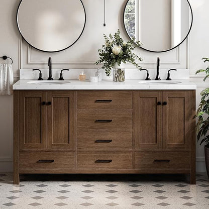 ARIEL Cambridge 66-inch Bathroom Vanity with Sink,Solid Wood, 1.5-inch Carrara White Quartz Countertop & Backsplash, Double Oval Porcelain Sink, 4 Soft Closing Doors, 6 Dovetail Drawers, Brown Oak