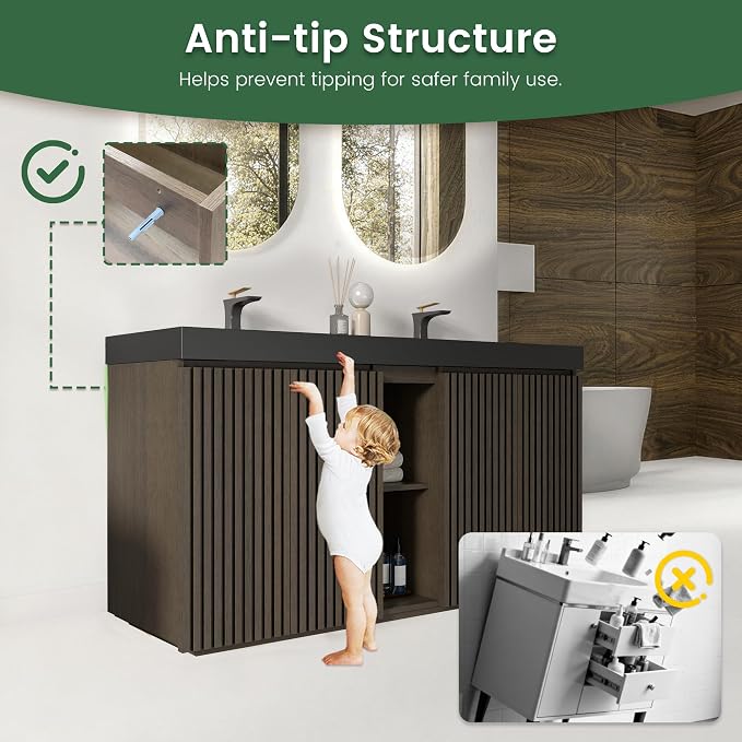 60" Bathroom Vanity with Double Sink, Freestanding Double Sink Bathroom Vanity with Black Engineered Stone Top, Open Storage Cabinet & Adjustable Shelf, 4 Soft-Closing Doors, Smoked Oak Brown