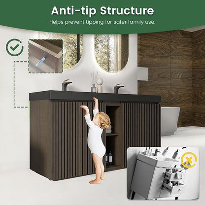 60" Bathroom Vanity with Double Sink, Freestanding Double Sink Bathroom Vanity with Black Engineered Stone Top, Open Storage Cabinet & Adjustable Shelf, 4 Soft-Closing Doors, Smoked Oak Brown