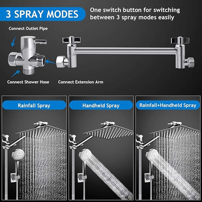Modern 12" Large Square Rain Showerhead with 5 Modes Handheld Showerhead Combo, Adjustable Arm, Easy Tool-Free Installation