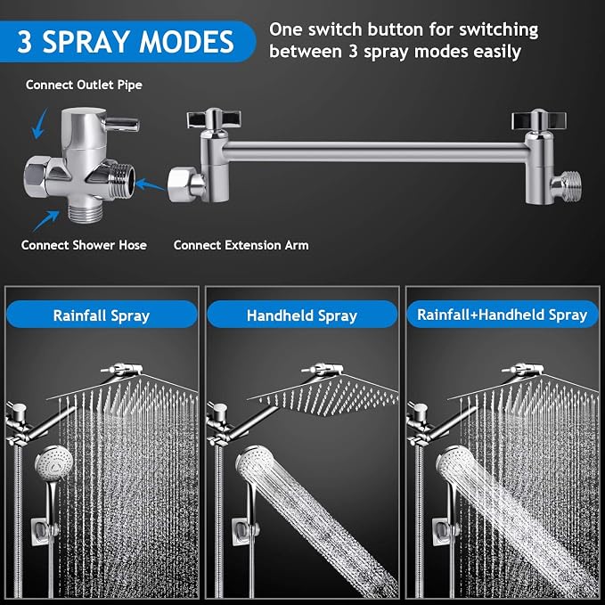 Shower Head Combo,10" High Pressure with 11" Extension Arm 5 Spray Handheld | Rain Shower Head with Handheld Shower Head Combo,Powerful Shower Spray Against Low Pressure Water with Long Hose