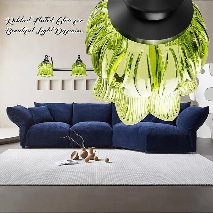 3-Light Vanity Light Over Mirror with Green Crystal Glass Shade | Valley-Lily Shaped Bathroom Light Fixture Black Antique Finish Wall Sconces Mirror Front Lighting for Hallway Living Room