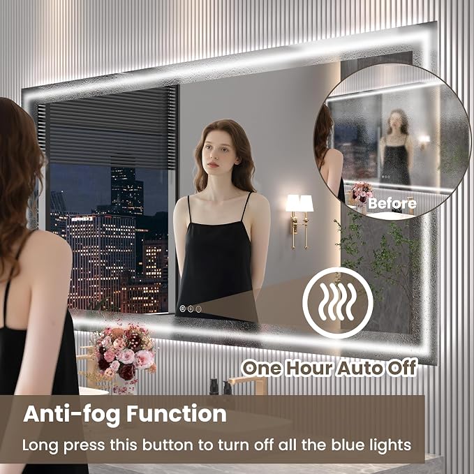 Snowdool 88 x 38 in LED Bathroom Mirror, Front and Backlit, Anti-Fog | Front and Backlit, 3 Color Temperatures, Anti-Fog, Tempered Glass