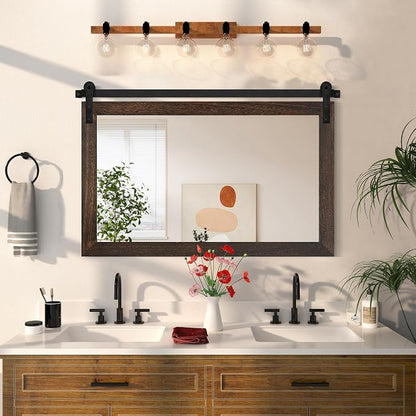COGOOD Farmhouse Bathroom Mirrors for Over Sink - 30 x 49 Black Brown | Rustic Barn Door Wood Framed Vanity Mirror for Entryway, Living Room, Bedroom, Dresser Wall Decor