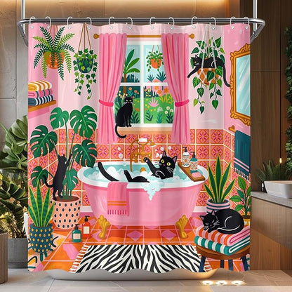 Accnicc Funny Cat Shower Curtain Boho Cute Fun Black Cats Shower Curtains for Bathroom Green Tropical Plant Pink Decorative Girly Waterproof Fabric Bath Curtain Decor 72 X 72 Inches