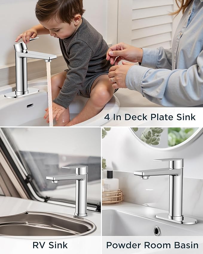 FORIOUS Polished Chrome Bathroom Faucet 1 Hole, Single Handle Single Hole Bathroom Faucet Chrome with Deck Plate and Pop Up Drain, CUPC Hoses for One Handle Vanity Sink, Rv, Camper