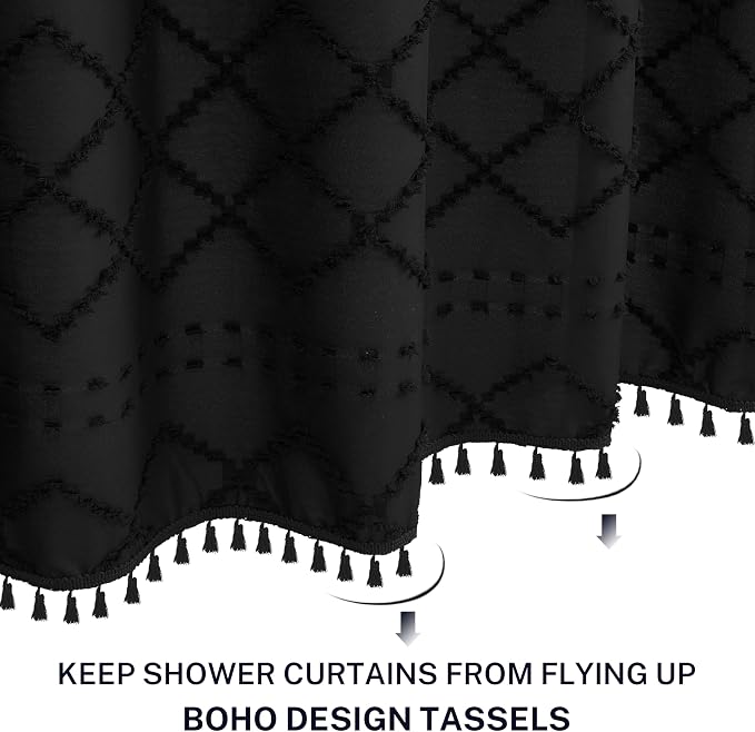 Extra Long Boho Black Woven Fabric Shower Curtain with Tassels 54 x 78 Modern Farmhouse Minimalist, Tufted Chevron Striped Shabby Chic Textured, Water Resistant Cloth Curtain for Bathroom, Hotel Decor
