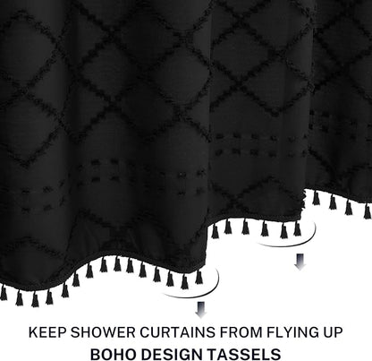 Extra Long Black Woven Fabric Boho Shower Curtain with Tassels 72 x 90 Modern Farmhouse Minimalist, Tufted Chevron Textured Striped Shabby Chic, Water Resistant Cloth Curtain for Bathroom, Hotel Decor