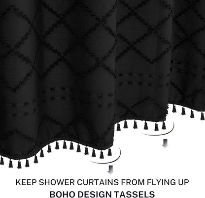 Boho Black Woven Fabric Shower Curtain with Tassels 60 x 72 Modern Farmhouse Minimalist, Tufted Chevron Striped Shabby Chic Textured, Water Resistant Cloth Curtain for Bathroom, Hotel Decor