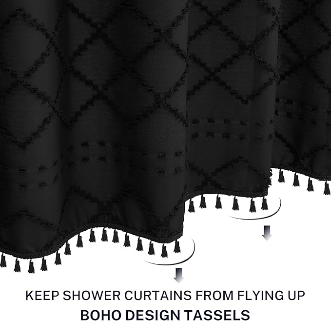 Stall Boho Black Woven Fabric Shower Curtain with Tassels 42 x 72 Modern Farmhouse Minimalist Tufted Chevron Striped Shabby Chic Textured, Water Resistant Curtain for Bathroom, Hotel Decor