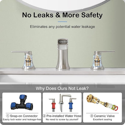 Brushed Nickel Waterfall Bathroom Faucet 3 Hole, 8-16 Inch Widespread 2 Handle Faucets for Bathroom Sinks Vanity Lavatory Sanitary Modern Restroom, Brass Material, NO Pop-up Drain