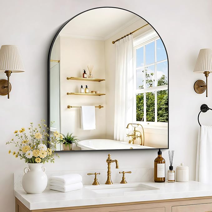 Arched Bathroom Mirror 30x36 Inch, Bathroom Mirror for Over Sink, Wide Wall Mounted Vanity Mirror with Aluminum Frame & Tempered Glass, Ideal for Bedroom, Entryway, Living Room, Mantel, Black