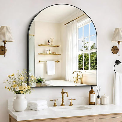 Arched Bathroom Mirror 30x36 Inch, Bathroom Mirror for Over Sink, Wide Wall Mounted Vanity Mirror with Aluminum Frame & Tempered Glass, Ideal for Bedroom, Entryway, Living Room, Mantel, Black