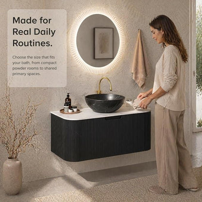 36 Inch Bathroom Vanity with Sink, Floating Wall Mounted Single Sink Vanity, Black Curved Fluted Front, Stone Top, Black Marble Vessel Basin, Pre-Assembled