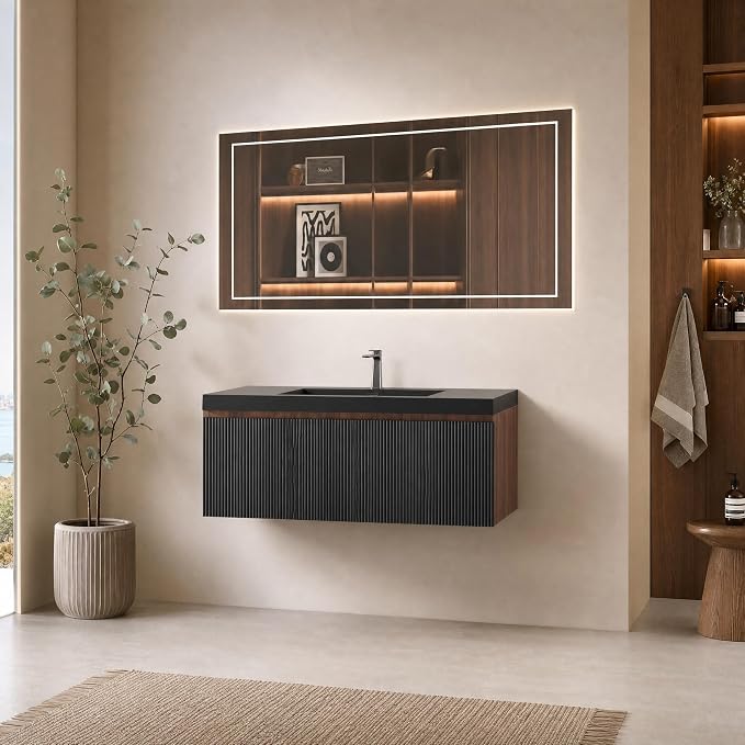 Floating Bathroom Vanity, 42" Wall Mounted Bathroom Cabinet with Matte Black Quartz Sand Sink & U-Shaped Soft-Close Drawer, Pre-Assembled Striped Storage Vanity for Bathroom, Walnut&Black