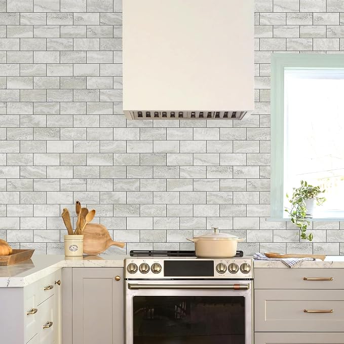 STICKGOO 10-Sheet Peel and Stick Backsplash on Subway Tile, Beige | Stone Texture with Grey Grout, Waterproof, Self Adhesive PVC Wall Tiles for Kitchen, Bathroom, Fireplace