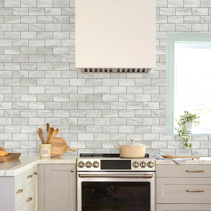 STICKGOO 10-Sheet Peel and Stick Backsplash on Subway Tile, Beige | Stone Texture with Grey Grout, Waterproof, Self Adhesive PVC Wall Tiles for Kitchen, Bathroom, Fireplace