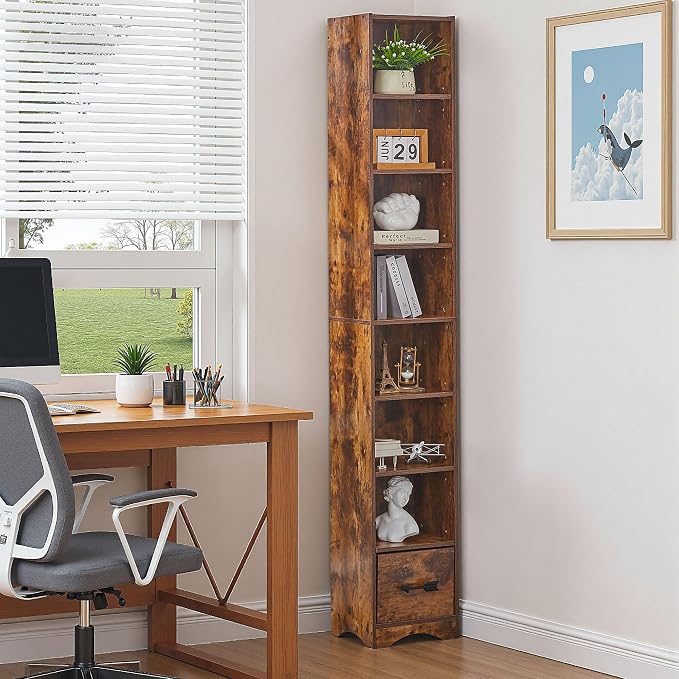VECELO Tall Narrow Bookshelf with Drawer, 6 Adjustable Movable Shelves, Wood Space Saving Corner Storage Cabinet for Bathroom Bedroom, Retro Brown