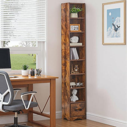 VECELO Tall Narrow Bookshelf with Drawer, 6 Adjustable Movable Shelves, Wood Space Saving Corner Storage Cabinet for Bathroom Bedroom, Retro Brown