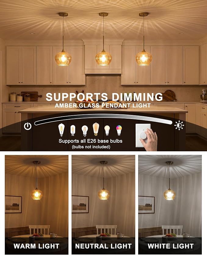 2-Pack Amber Glass Pendant Lights for Kitchen Island, 7.7" Modern Pendant Lighting Vintage Gold Light Fixtures Adjustable Hanging Light for Kitchen, Dining Room, Bar, Bathroom