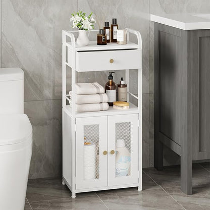 SWTYMIKI 14.57"x32.28" Bathroom Storage Cabinet – Freestanding Toilet Paper Storage with Doors & Drawer, Bathroom Organizers and Storage for Small Spaces, Laundry Room, Ideal for Towels, White