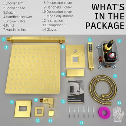 Gold High Pressure Shower System Set with Tub Spout,12 inch | Safe Pressure Balance Valve Bathroom Shower Faucet Set with Handheld, All-Metal Water Saving Rainfall Shower Trim Kit