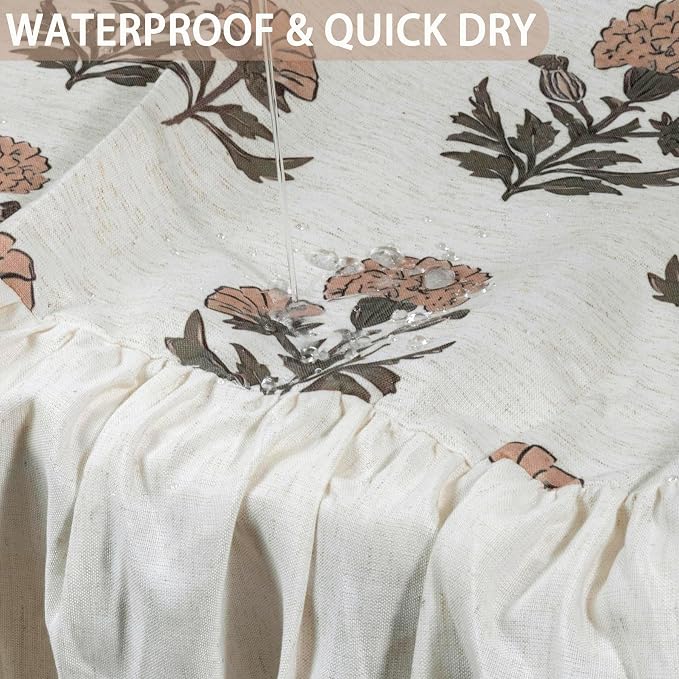 ORTIGIA Linen Textured Ruffle Shower Curtain with Metal Hooks, Vintage Terracotta Brown Floral Block Print Boho Waterproof Bath Curtain for Rustic Farmhouse Bathroom Decor 72x72 Inch