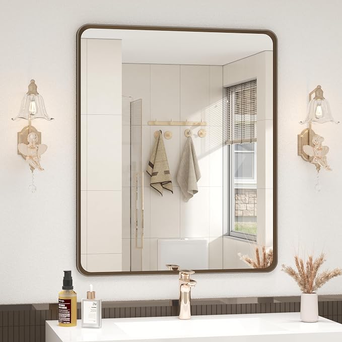OKPAL 20 x 24 Bronze Bathroom Vanity Mirror, Brushed Metal Framed Bathroom Mirror, Rounded Bronze Rectangle Mirror for Farmhouse, Bedroom, Anti-Rust (Horizontal/Vertical)