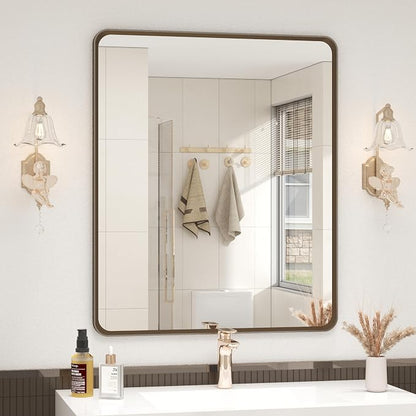 OKPAL 20 x 24 Bronze Bathroom Vanity Mirror, Brushed Metal Framed Bathroom Mirror, Rounded Bronze Rectangle Mirror for Farmhouse, Bedroom, Anti-Rust (Horizontal/Vertical)