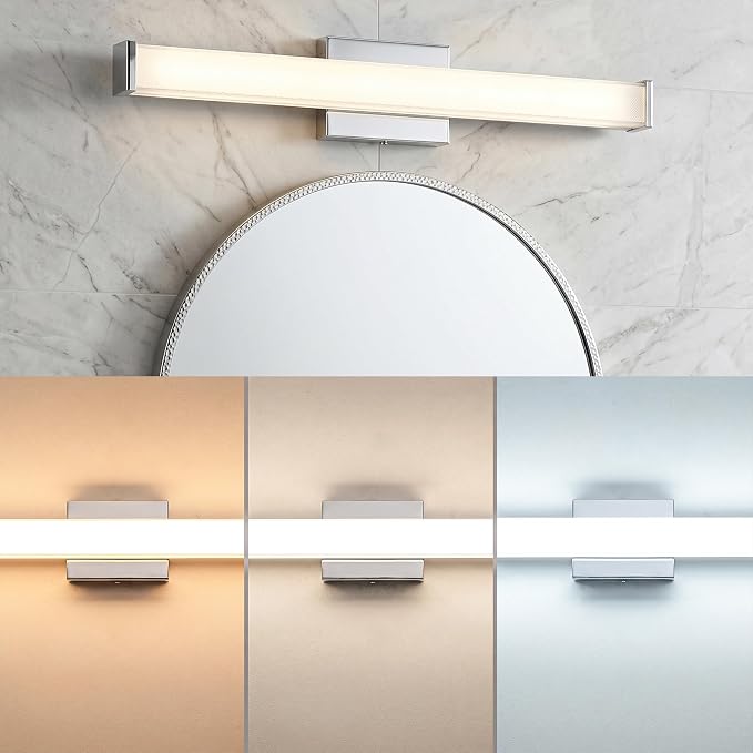 URSOLA 24" Modern LED Bathroom Light Fixtures, Chrome 3CCT Dimmable Bathroom Vanity Light Over Mirror, Bathroom Vanity Bath Bar Lights with Double Layer Acrylic Shade