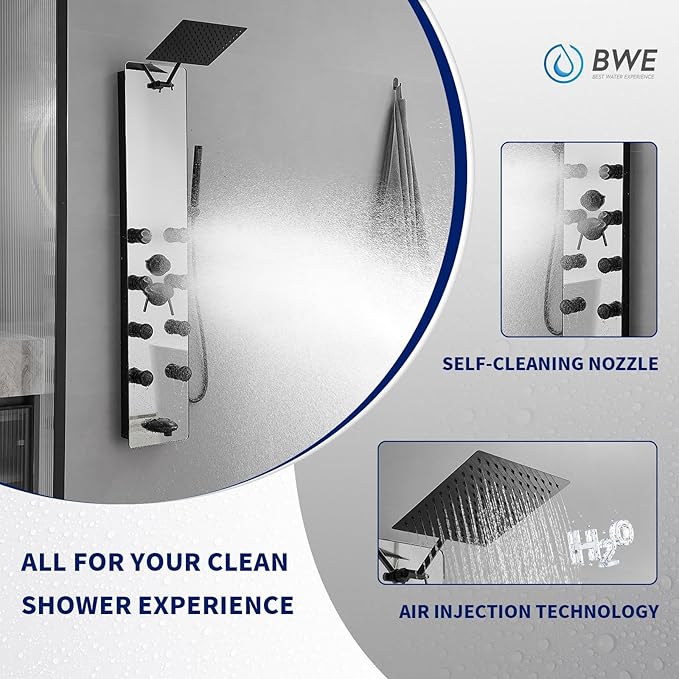 BWE Stainless Steel Shower Panel Tower System,Multi-Function Tempered Glass Shower Panel,Rainfall Shower Head Sprayer 8-Massage Jets with Tub Spout Hand Shower for Home Hotel Resort Split Type Black