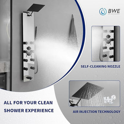BWE Stainless Steel Shower Panel Tower System,Multi-Function Tempered Glass Shower Panel,Rainfall Shower Head Sprayer 8-Massage Jets with Tub Spout Hand Shower for Home Hotel Resort Split Type Black