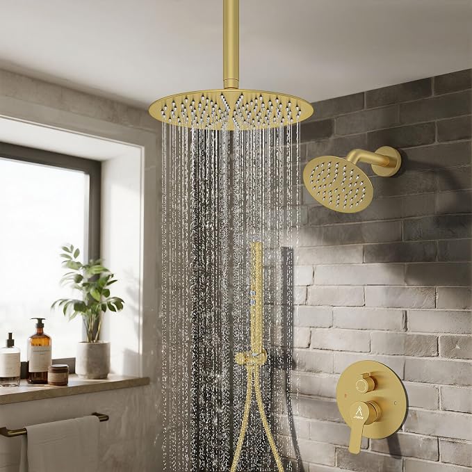 Shower System Shower Faucet Set Rainfall Shower Set with Valve 12+6" Dual Rain Shower Head with Handheld Ceiling Mount Wall Mount Shower Head Shower System, Brushed Gold
