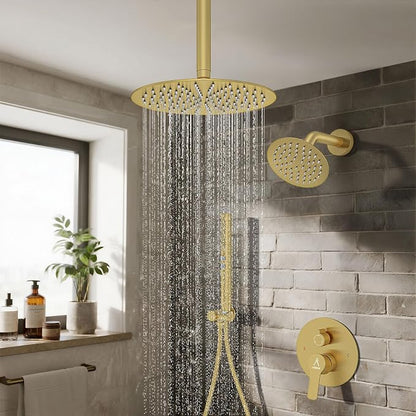 Shower System Shower Faucet Set Rainfall Shower Set with Valve 12+6" Dual Rain Shower Head with Handheld Ceiling Mount Wall Mount Shower Head Shower System, Brushed Gold